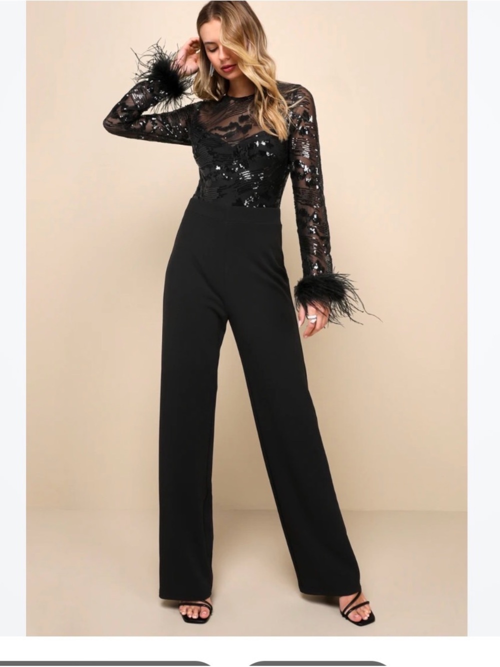Lulu's Black Sequin Lace Feather-Cuff Wide-Leg Jumpsuit